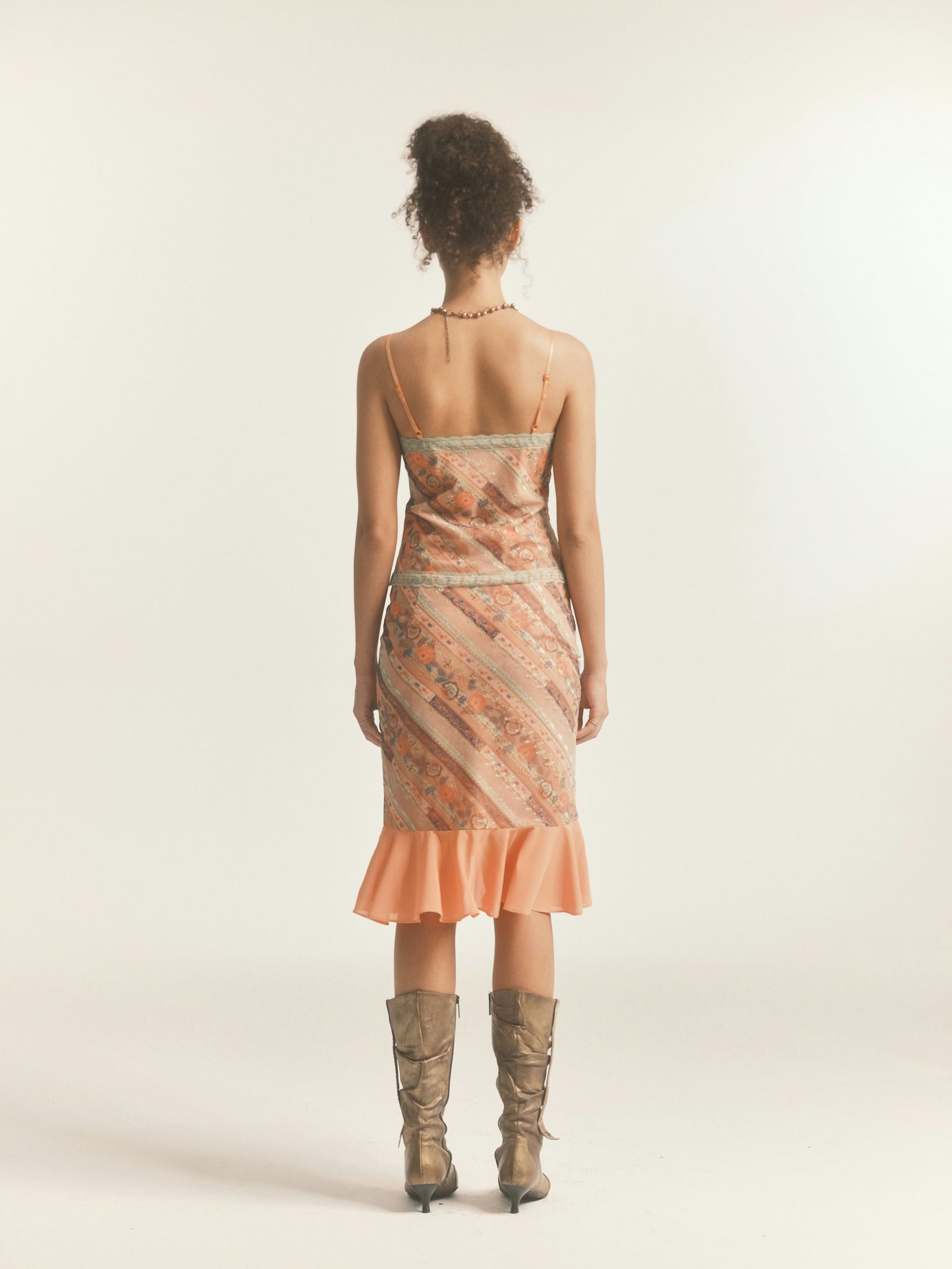 ORANGE RUFFLE FLORAL PATTERN CAMI TOP & SKIRT