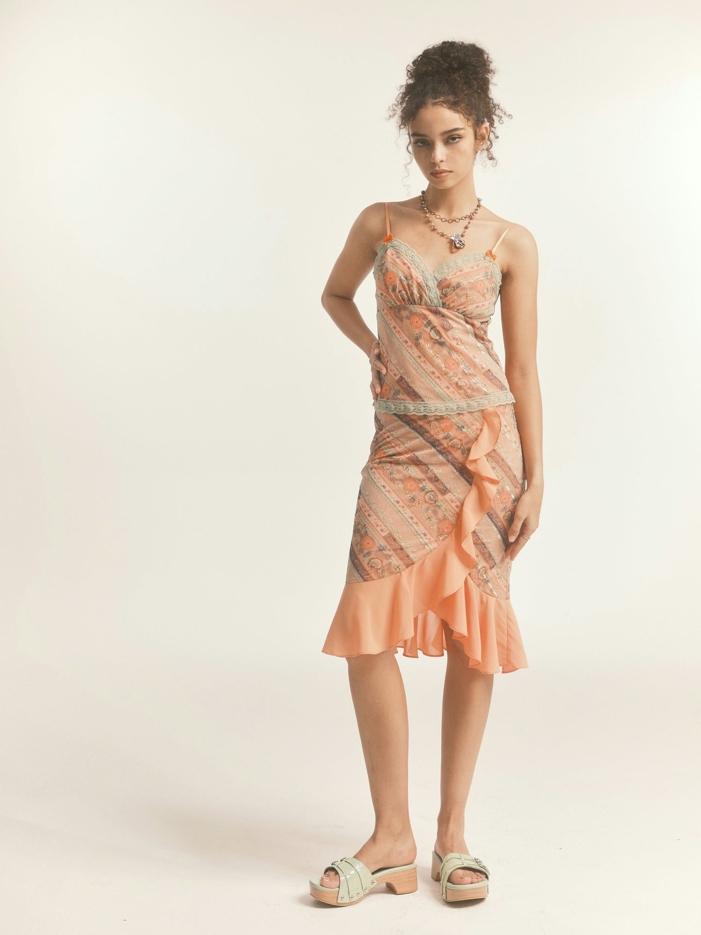 ORANGE RUFFLE FLORAL PATTERN CAMI TOP & SKIRT