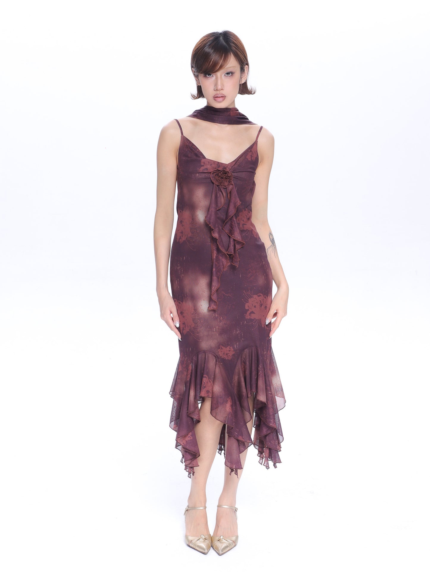 Mesh Floral Brooch Cami Dress & Scarf