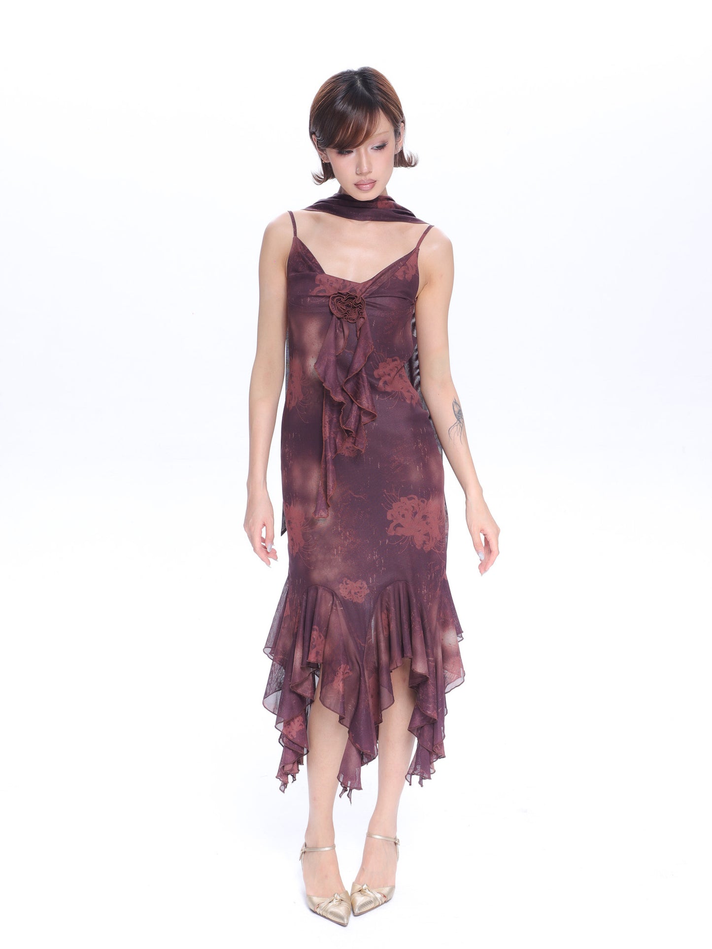 Mesh Floral Brooch Cami Dress & Scarf