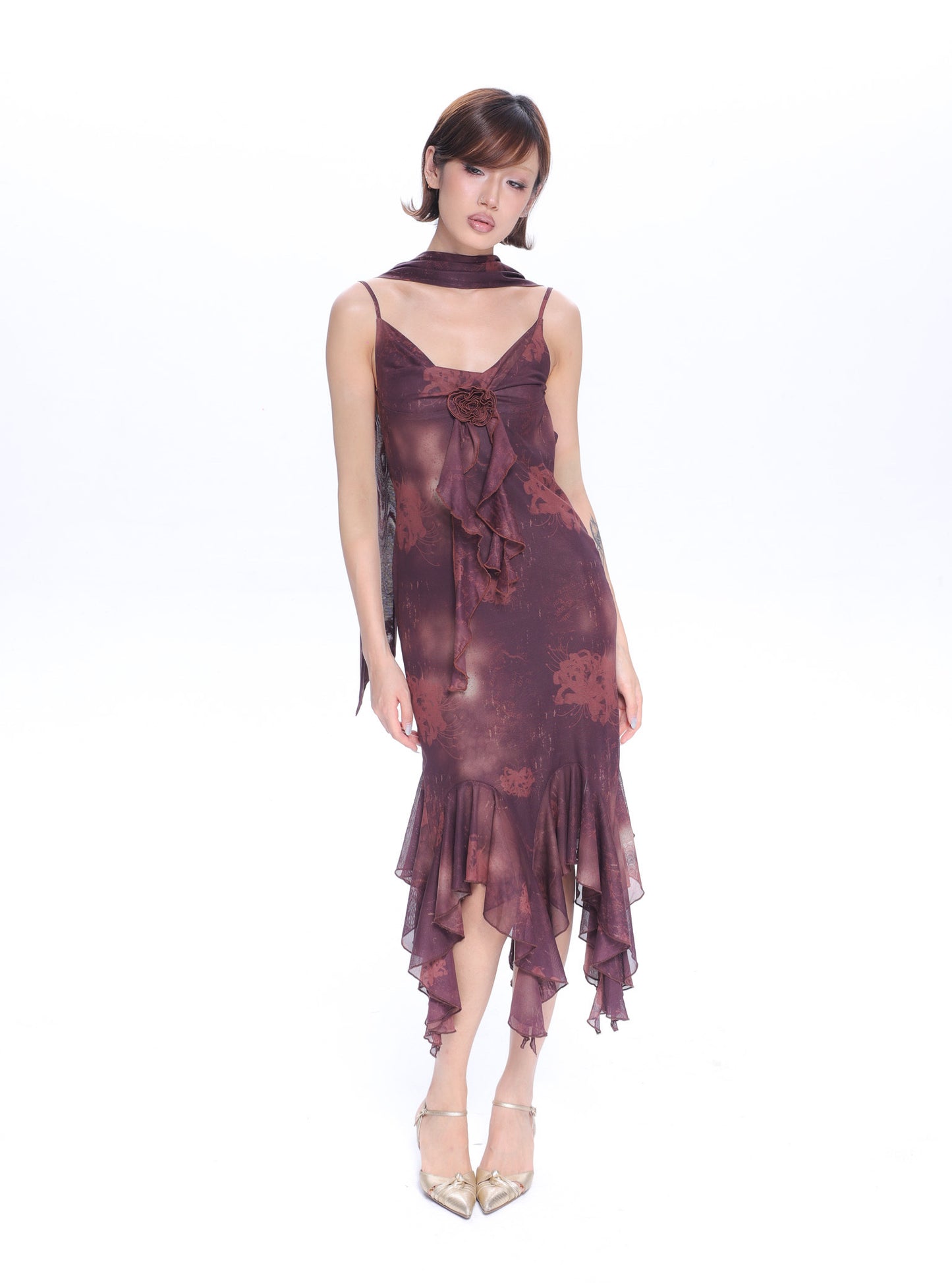 Mesh Floral Brooch Cami Dress & Scarf