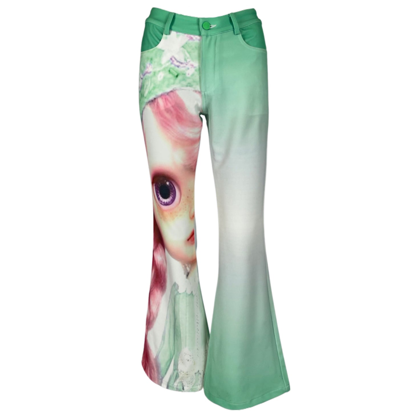 BLYTHE PRINT GRADIENT GREEN LOW RISE FLARE TROUSERS