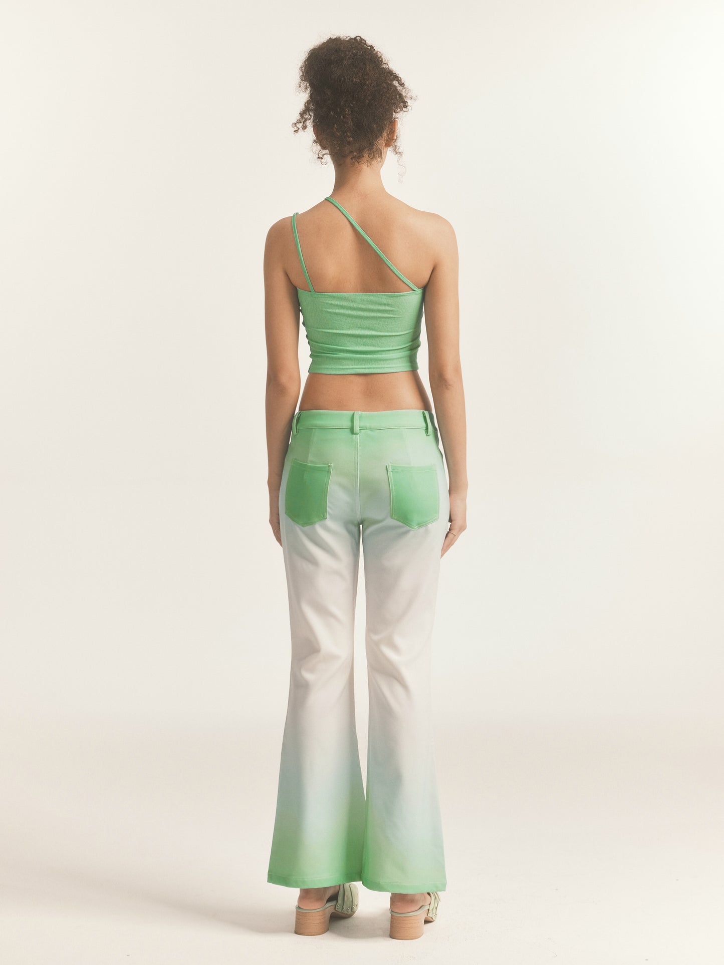 BLYTHE PRINT GRADIENT GREEN LOW RISE FLARE TROUSERS