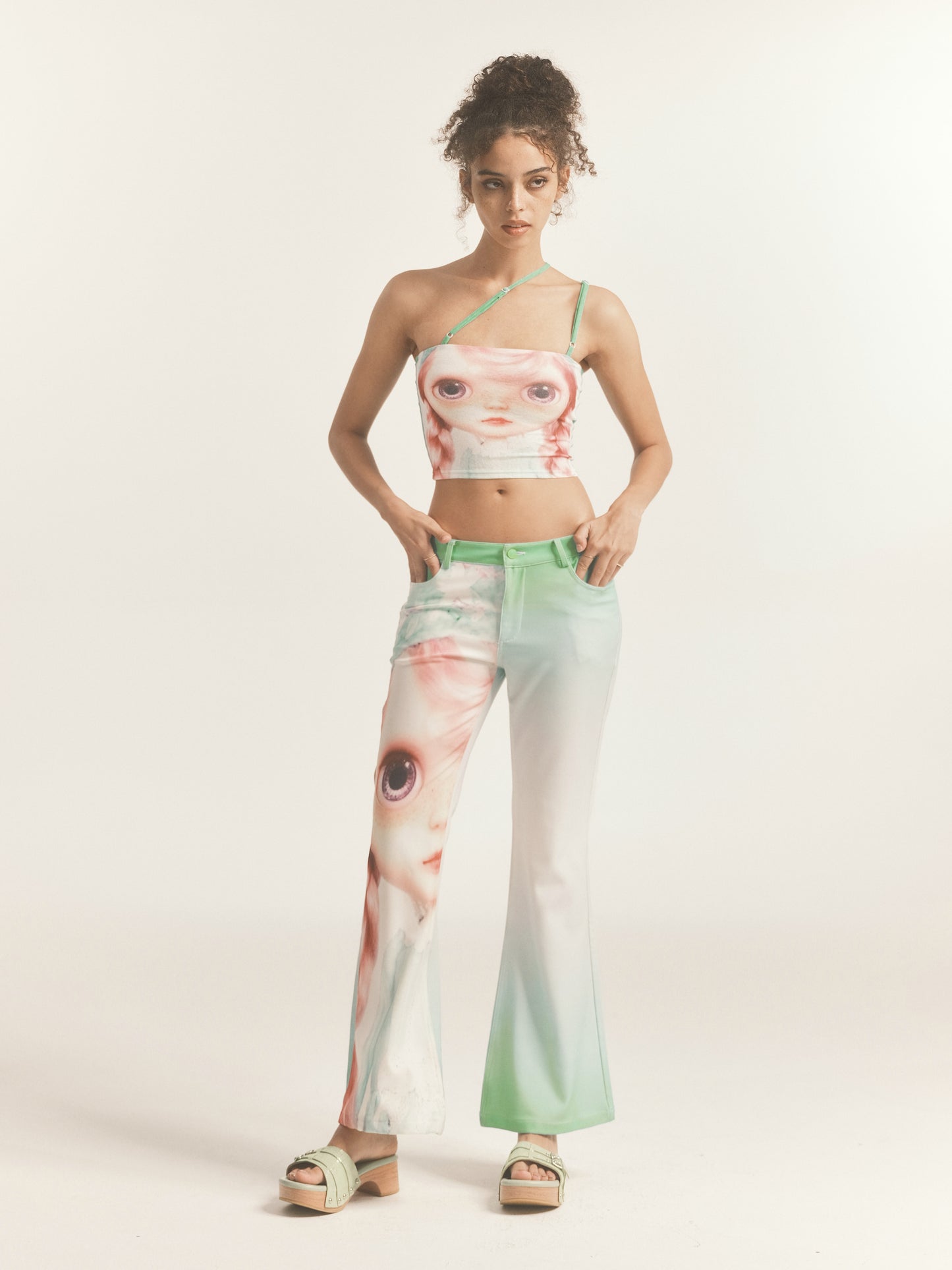 BLYTHE PRINT GRADIENT GREEN LOW RISE FLARE TROUSERS