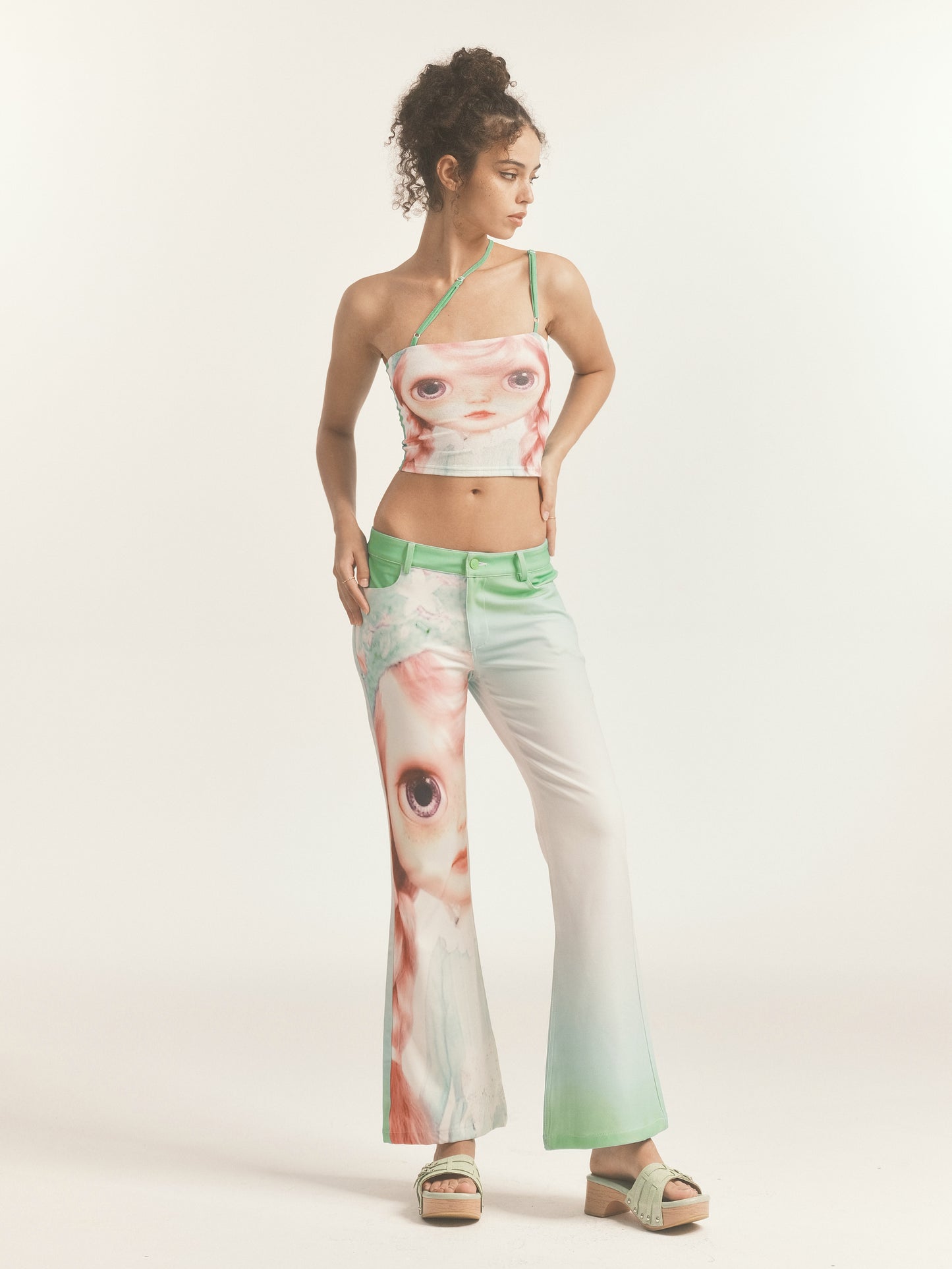 BLYTHE PRINT GRADIENT GREEN LOW RISE FLARE TROUSERS