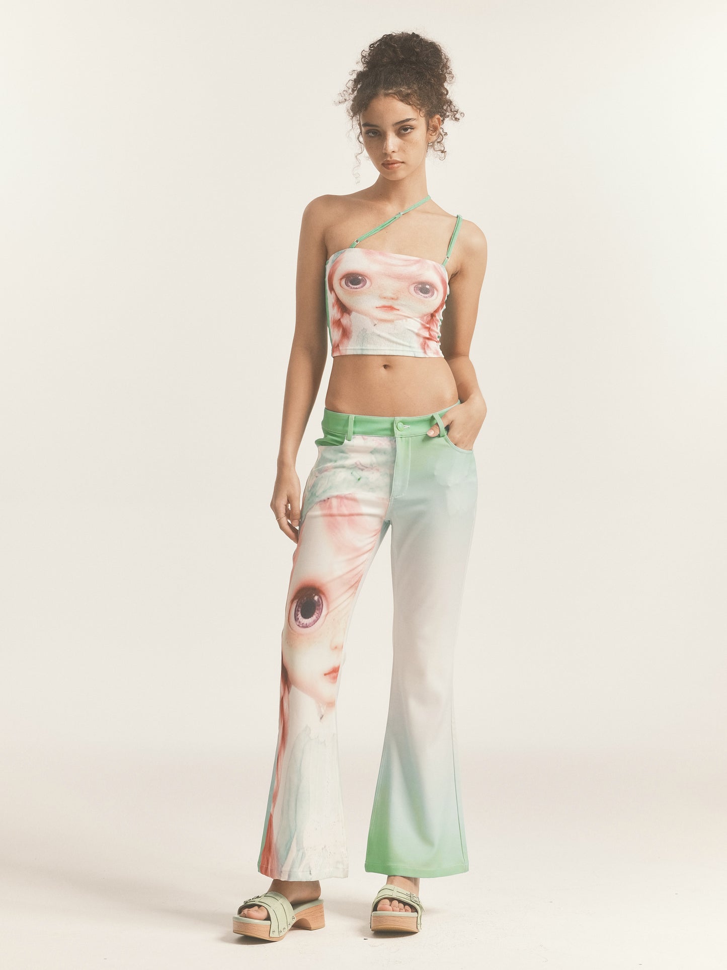 BLYTHE PRINT GRADIENT GREEN LOW RISE FLARE TROUSERS