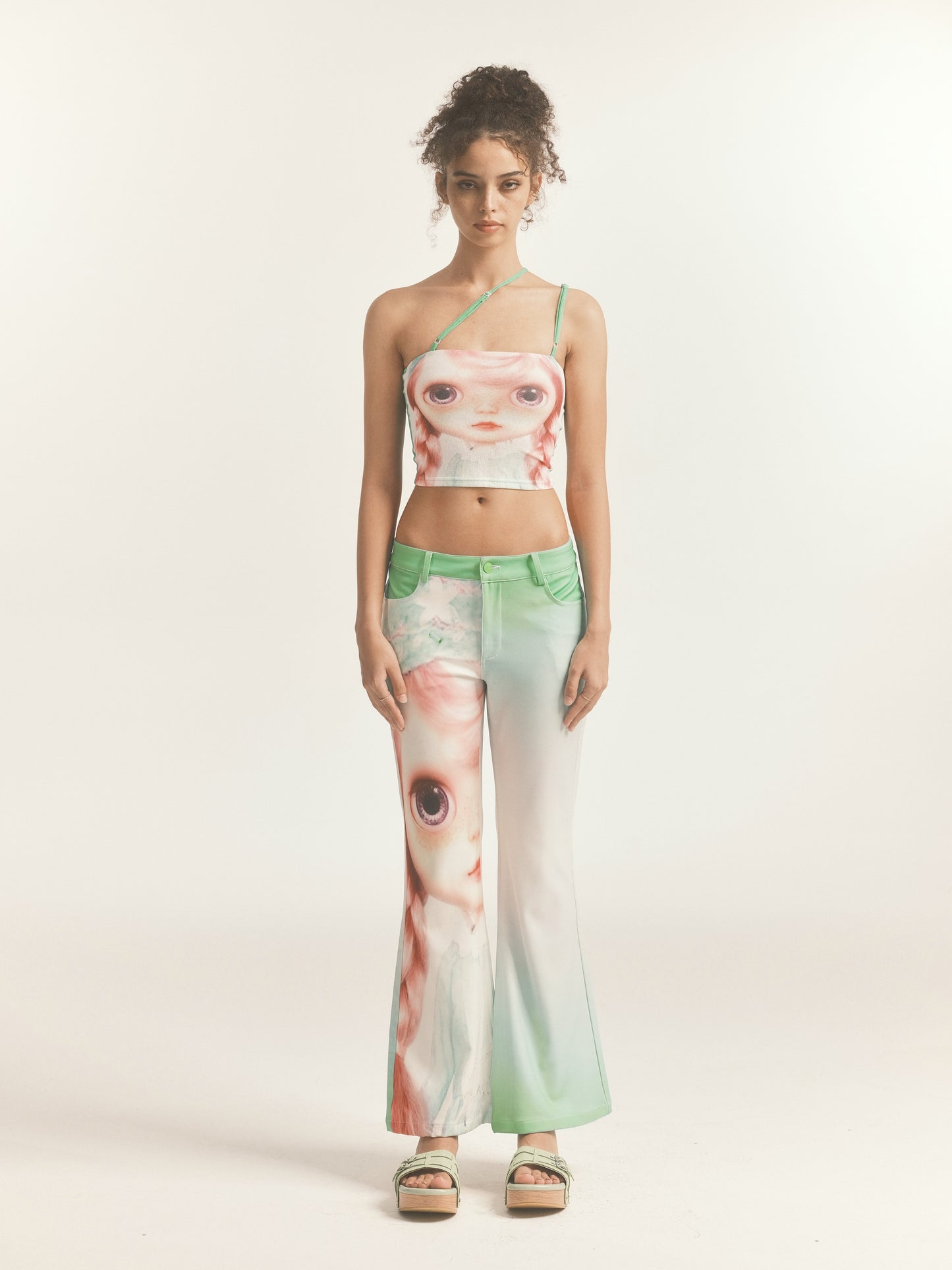 BLYTHE PRINT GRADIENT GREEN LOW RISE FLARE TROUSERS