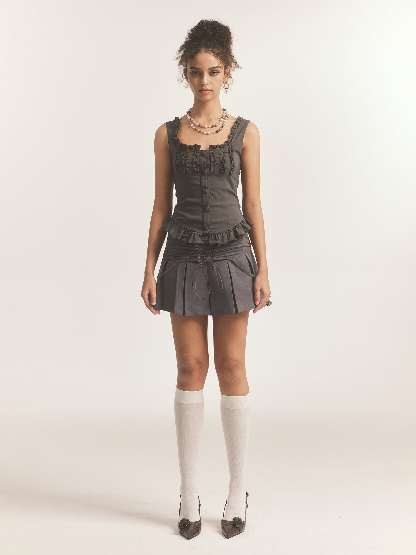 GRAY MESH LACE-UP MINI PLEATED SKORT