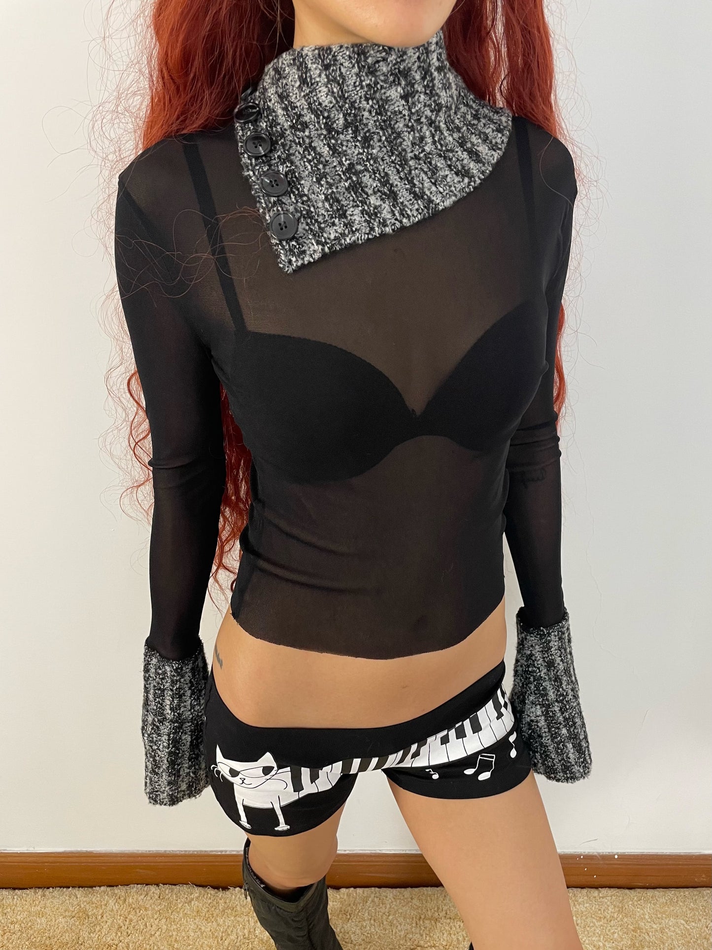 BLACK KNIT PATCHWORK MESH LONG SLEEVE TOP