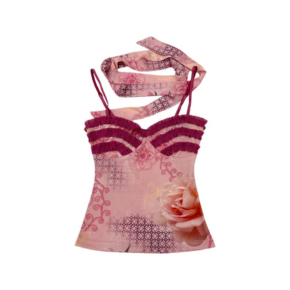 PINK FLORAL PRINT MESH CAMI & SCARF + MERMAID SKIRT