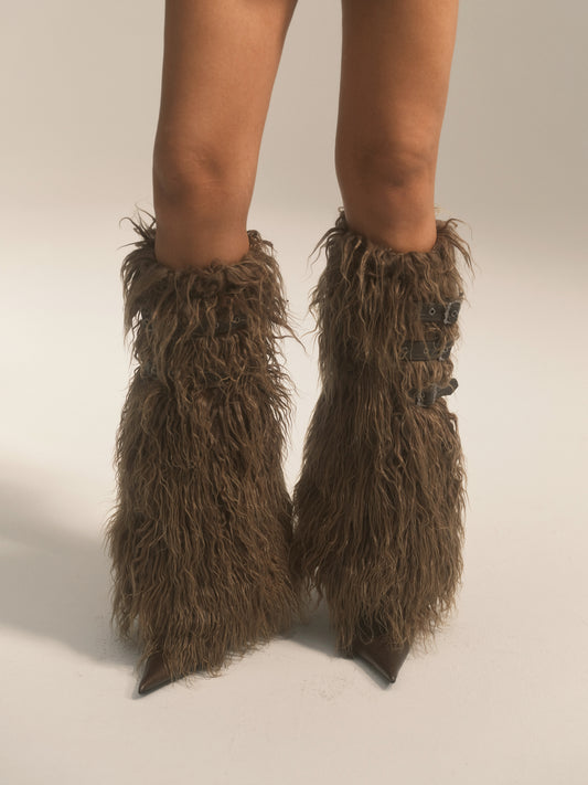 Navy Green Buckled Faux Fur Leg Warmers