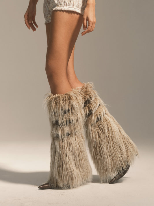 Gradient Brown Buckled Faux Fur Leg Warmers