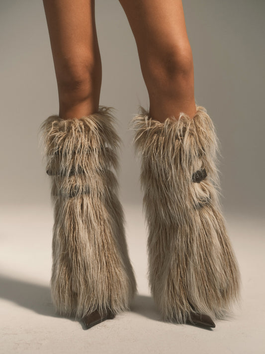 Gradient Brown Buckled Faux Fur Leg Warmers