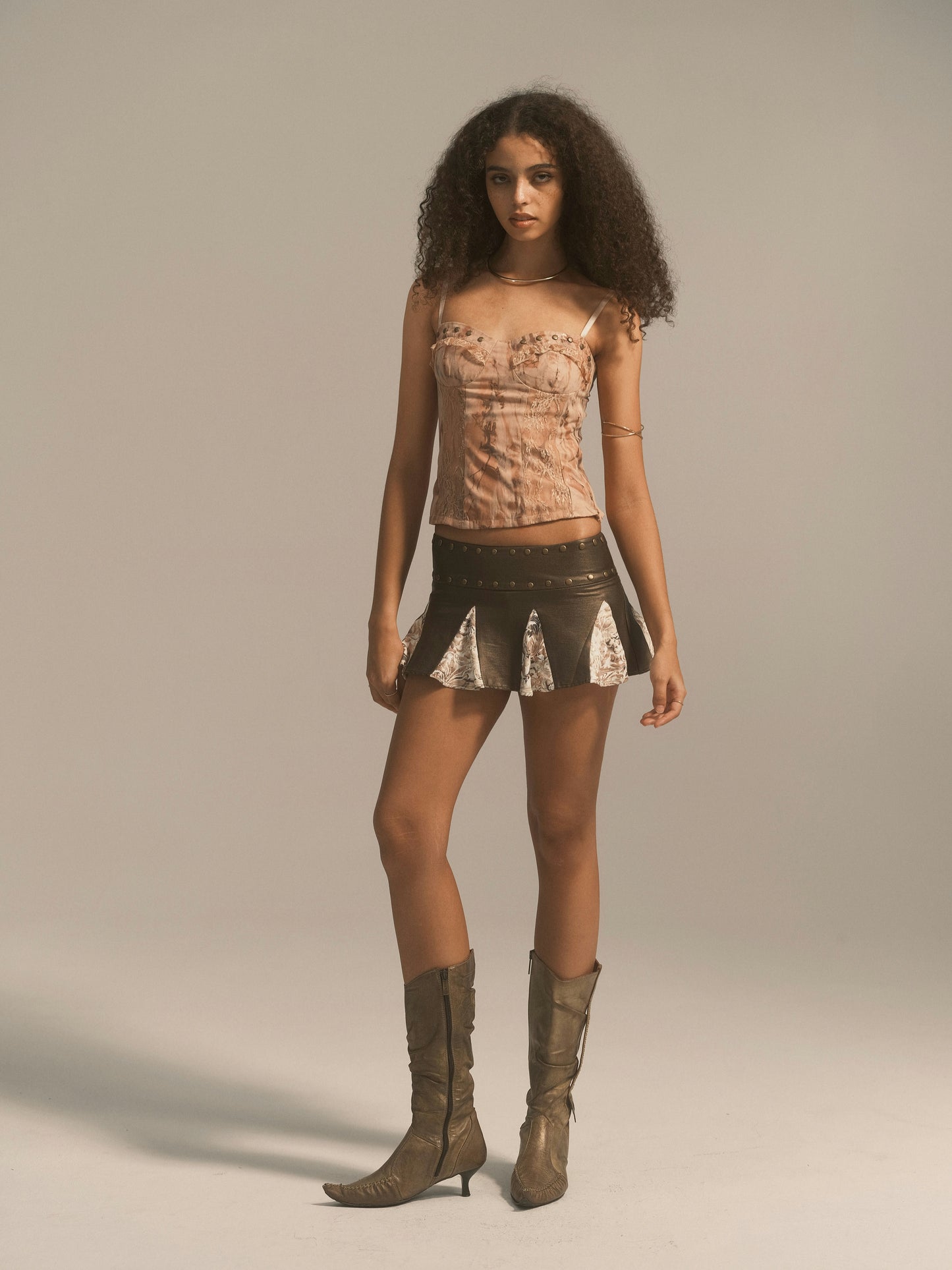 BROWN  METALLIC PATCHWORK LOW WAISTED MICRO MINI SKORT