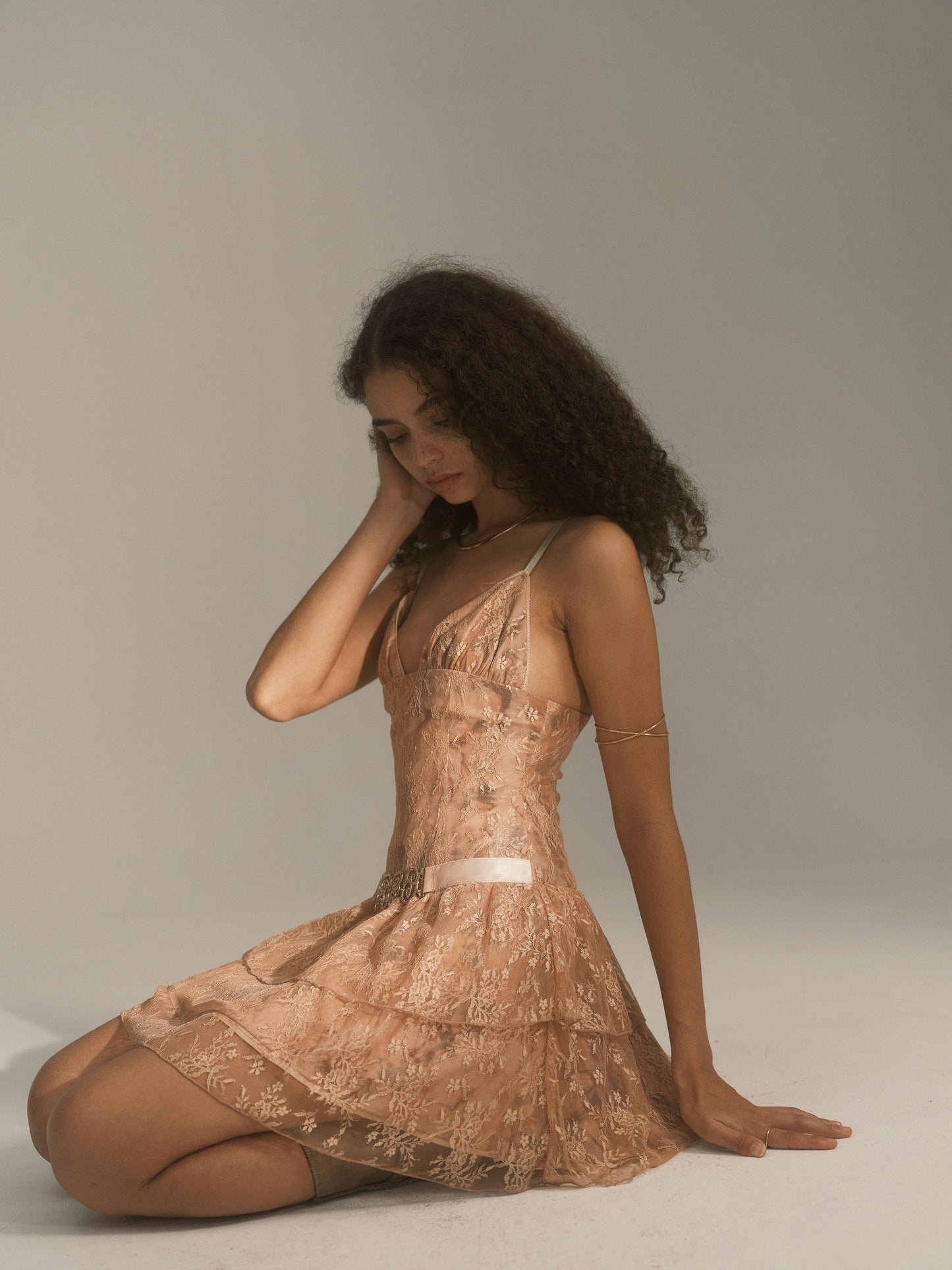 NUDE PINK LACE FLOUNCE CAMI DRESS