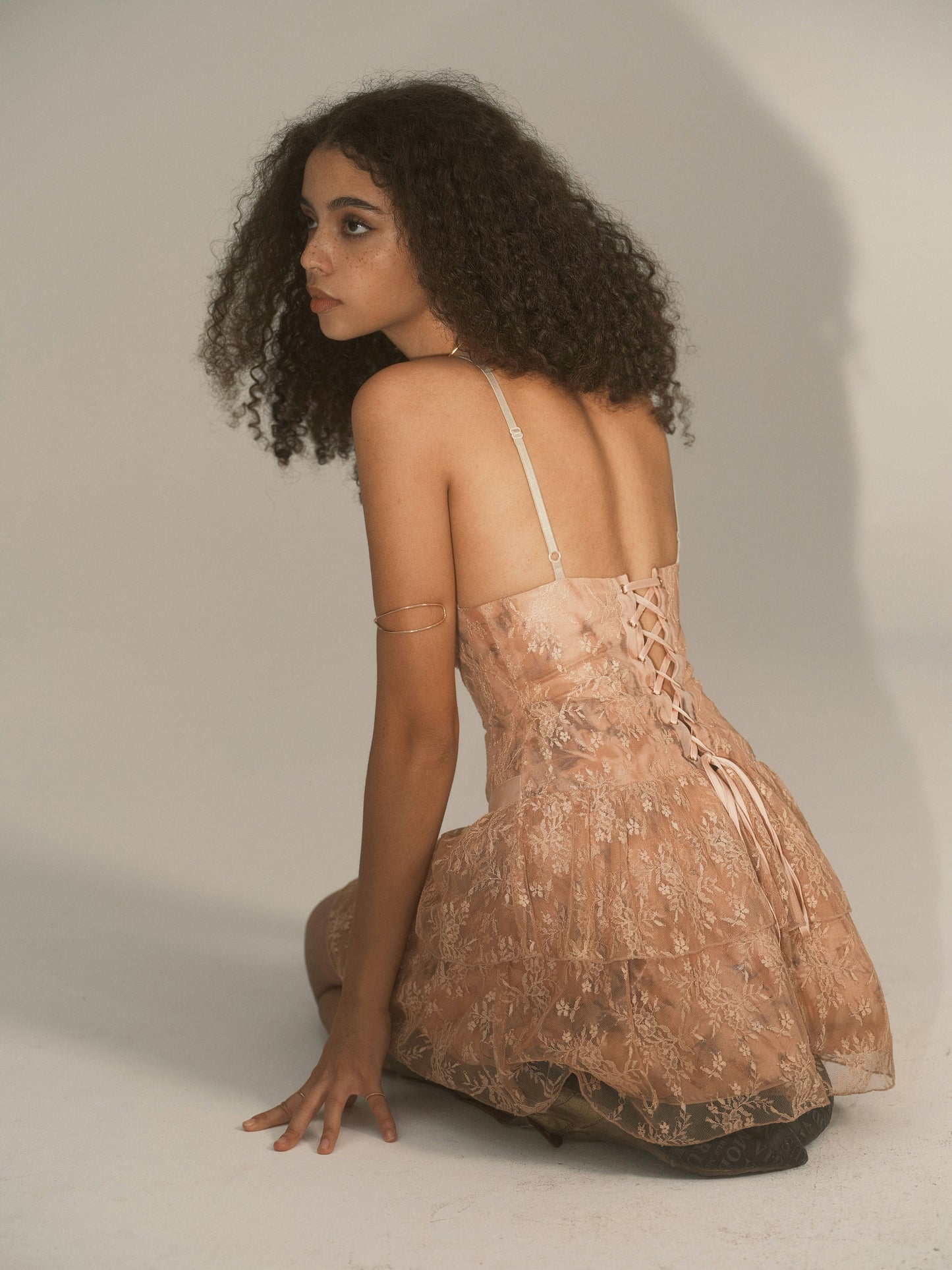 NUDE PINK LACE FLOUNCE CAMI DRESS