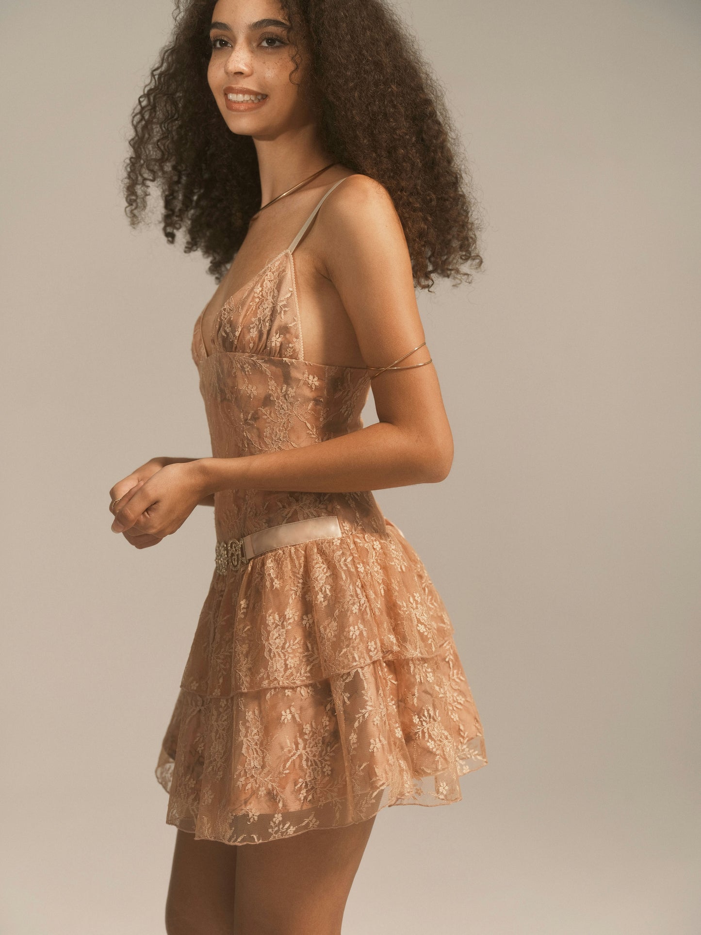 NUDE PINK LACE FLOUNCE CAMI DRESS