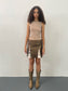 BROWN METALLIC FAUX LEATHER PATCHWORK LOW WAISTED MINI SKIRT