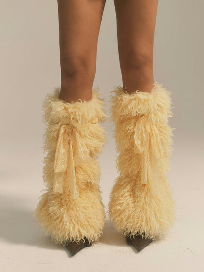 YELLOW LACE FAUX FUR LEG WARMERS