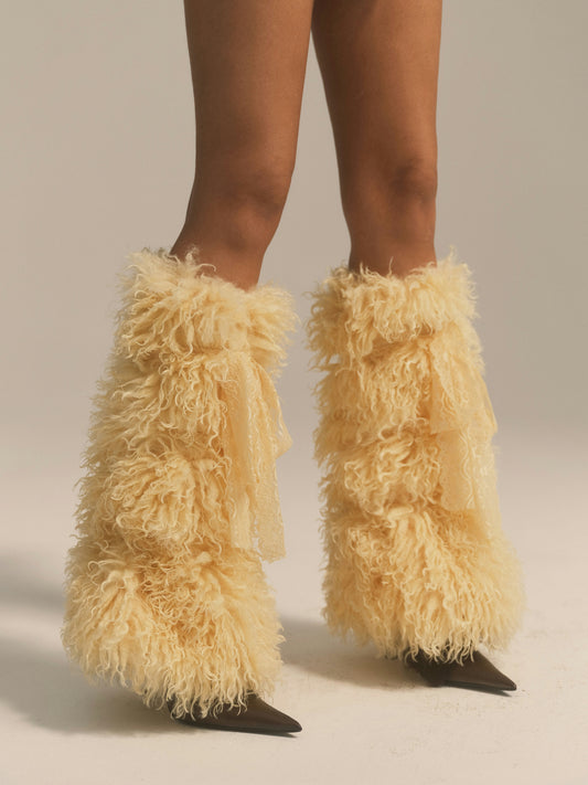 Yellow Lace Faux Fur Leg Warmers