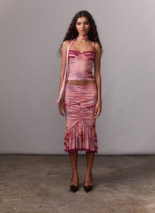 Pink Floral Print Mesh Cami & Scarf + Mermaid Skirt