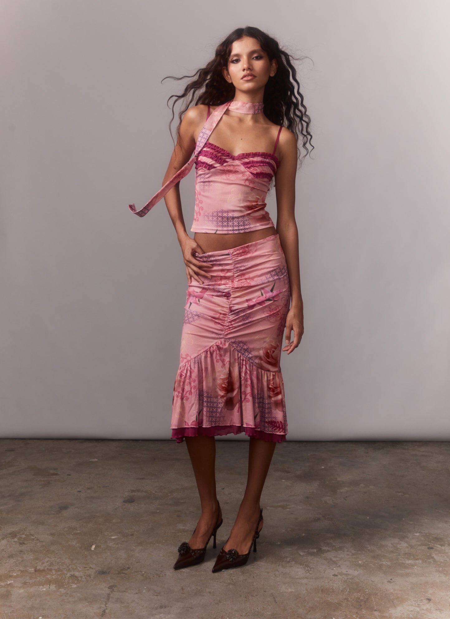 PINK FLORAL PRINT MESH CAMI & SCARF + MERMAID SKIRT