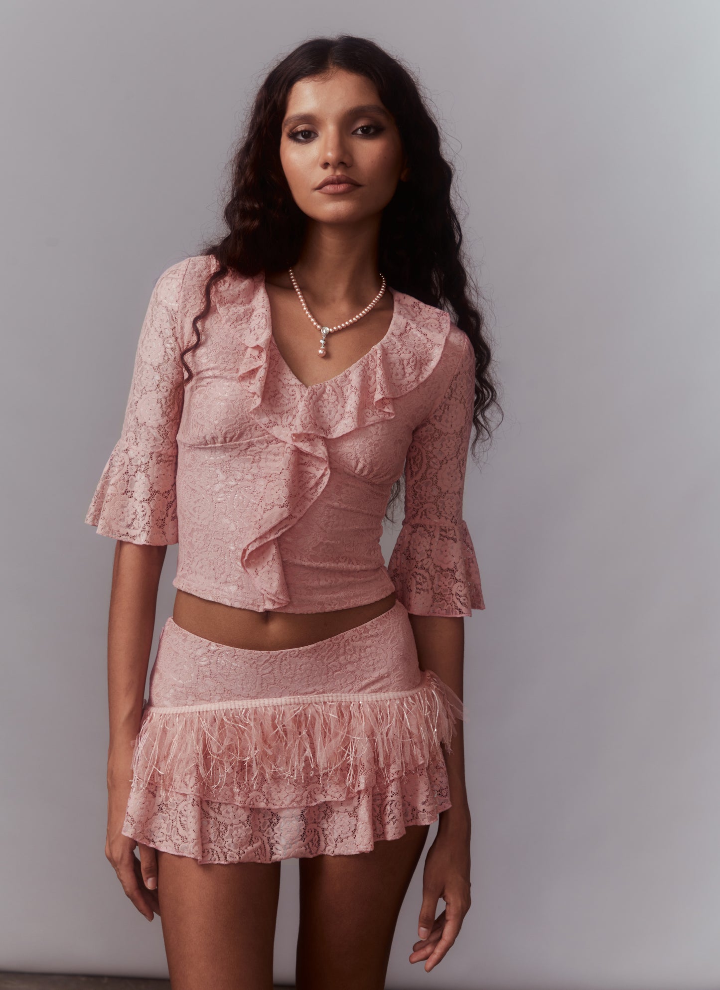 PINK LACE RUFFLE COLLAR TOP & MIRCO MINI SKORT