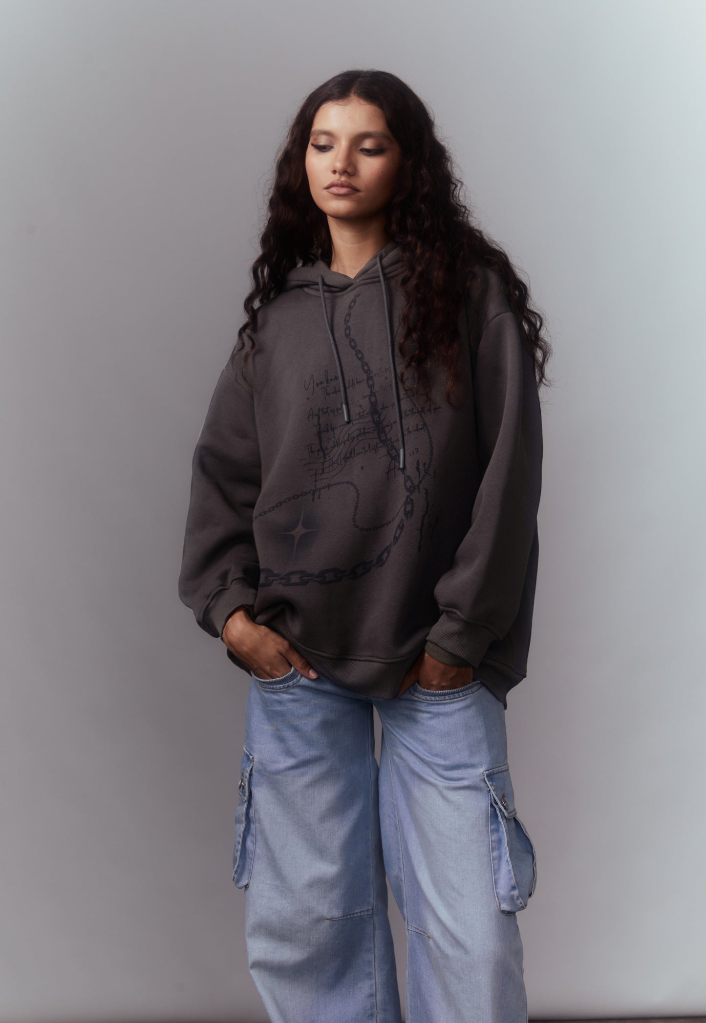 GREY FLEECE LINED OVERSIZED HOODIE