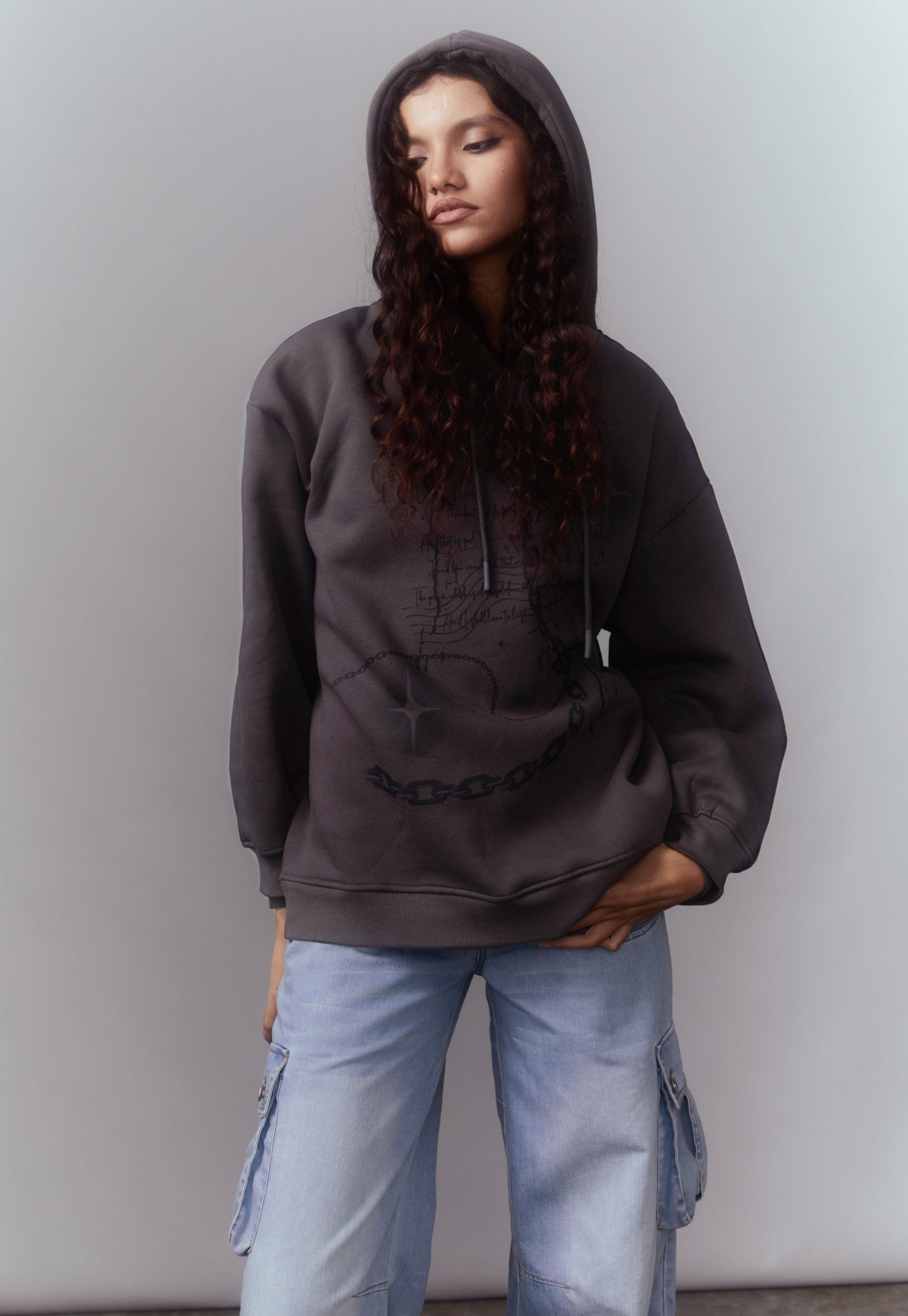 GREY FLEECE LINED OVERSIZED HOODIE