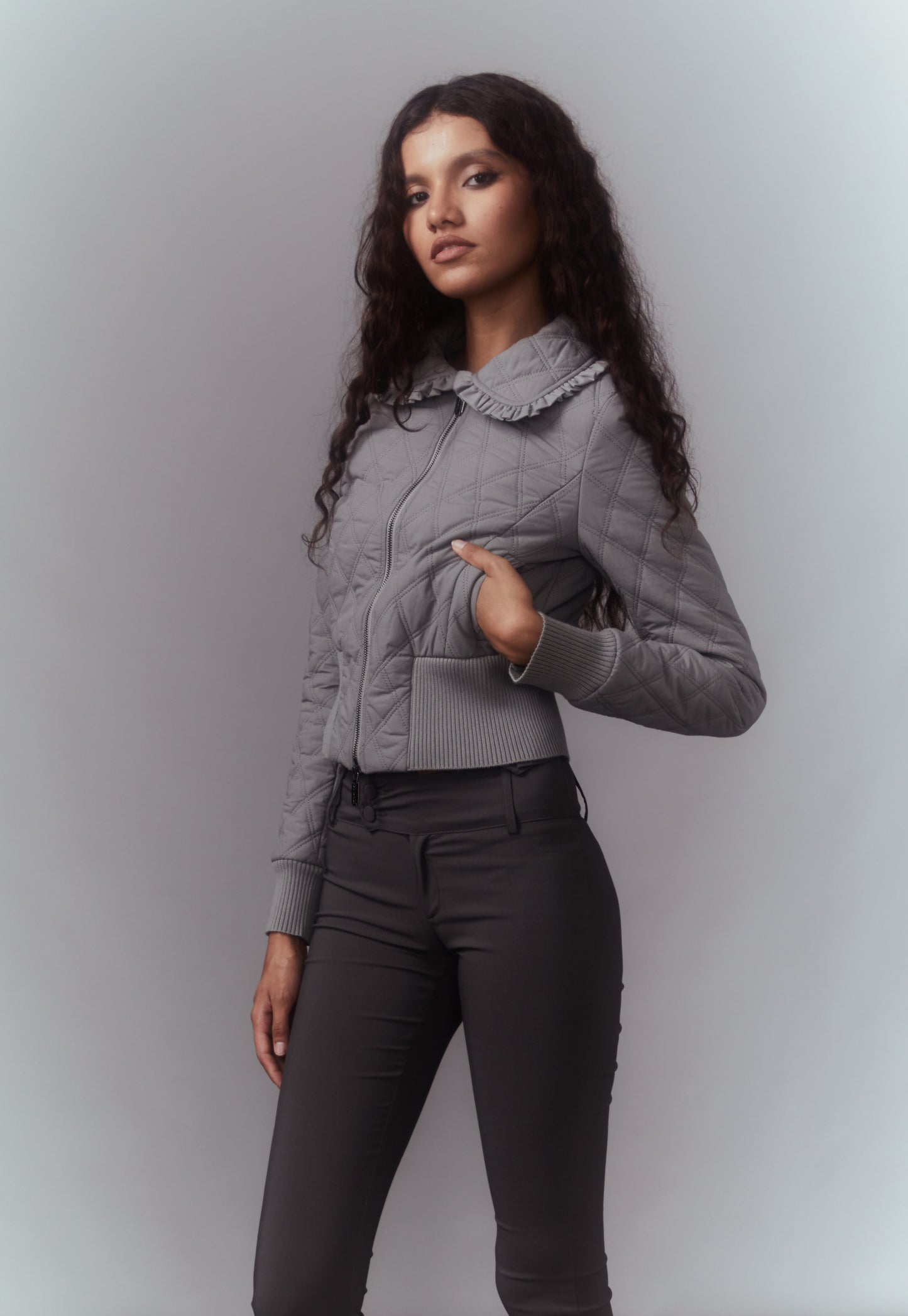 GREY ZIP UP CROPPED BOMBER QUILTED JACKET